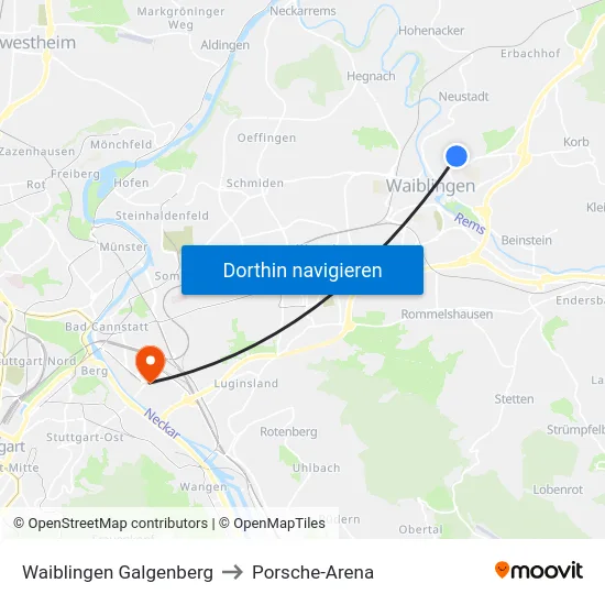 Waiblingen Galgenberg to Porsche-Arena map