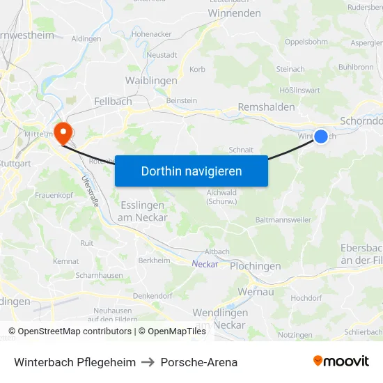 Winterbach Pflegeheim to Porsche-Arena map