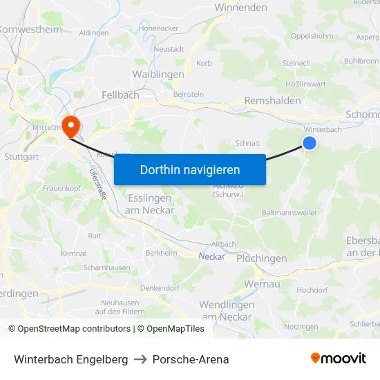 Winterbach Engelberg to Porsche-Arena map