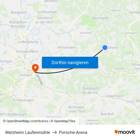 Welzheim Laufenmühle to Porsche-Arena map