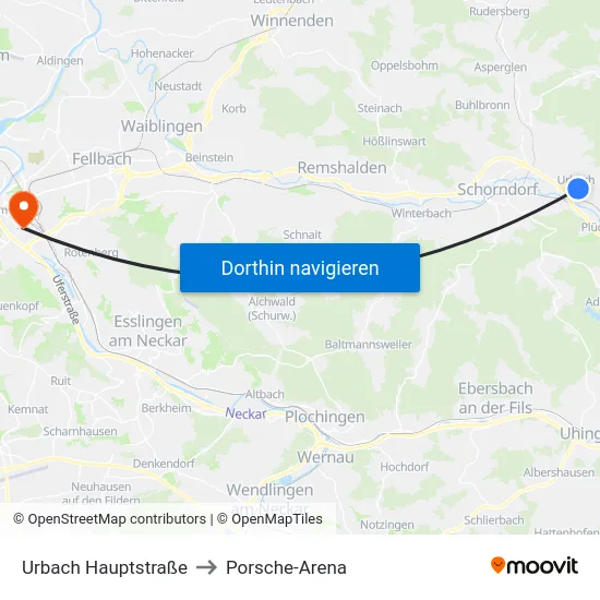 Urbach Hauptstraße to Porsche-Arena map