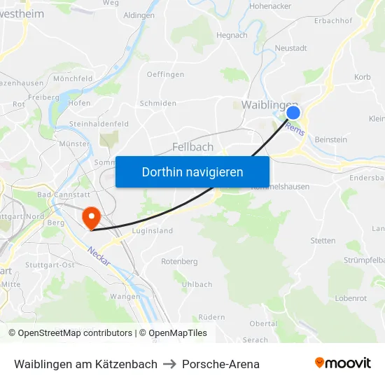 Waiblingen am Kätzenbach to Porsche-Arena map