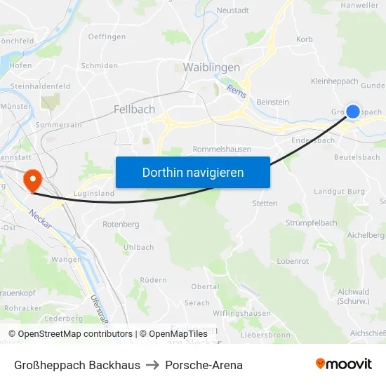 Großheppach Backhaus to Porsche-Arena map