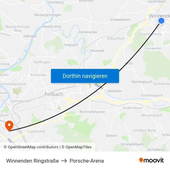 Winnenden Ringstraße to Porsche-Arena map