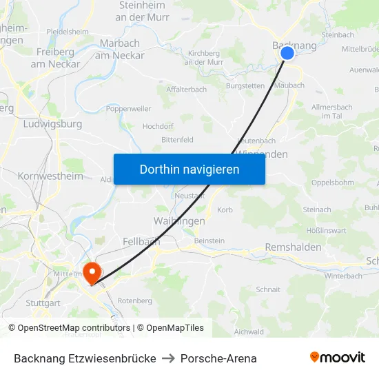 Backnang Etzwiesenbrücke to Porsche-Arena map