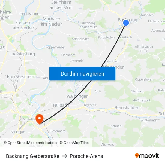 Backnang Gerberstraße to Porsche-Arena map