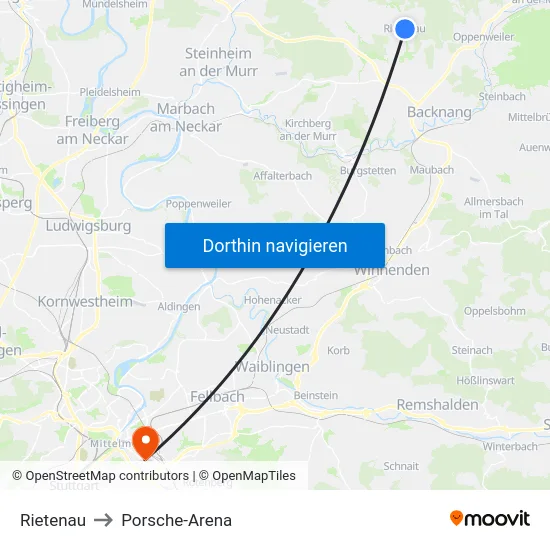 Rietenau to Porsche-Arena map