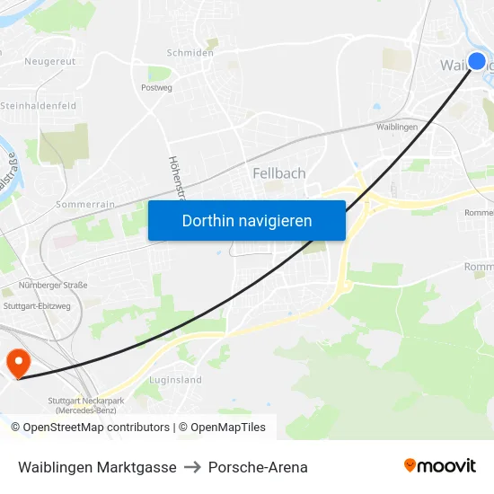 Waiblingen Marktgasse to Porsche-Arena map
