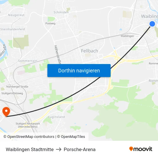 Waiblingen Stadtmitte to Porsche-Arena map