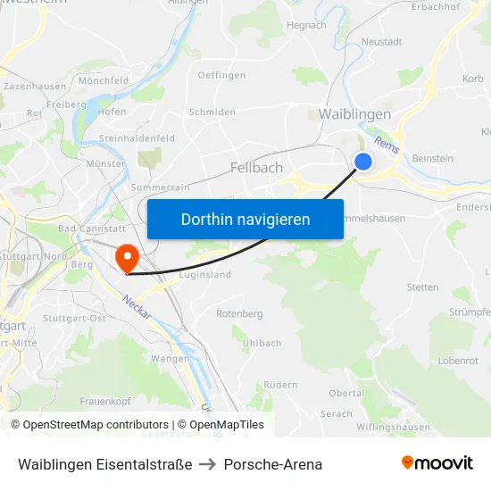 Waiblingen Eisentalstraße to Porsche-Arena map