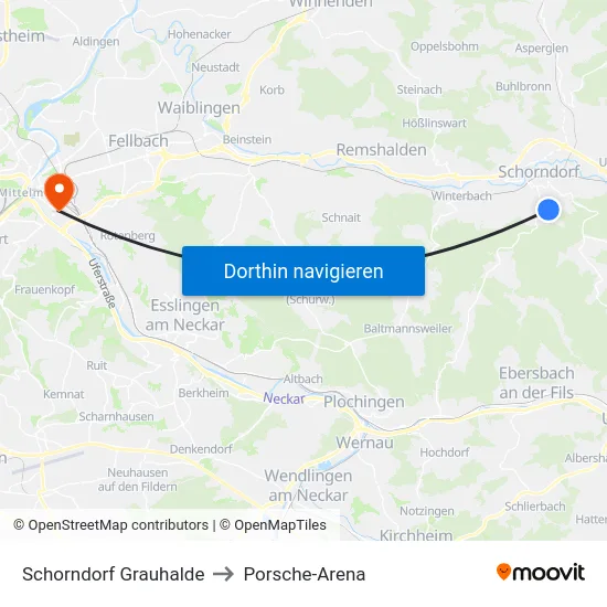Schorndorf Grauhalde to Porsche-Arena map