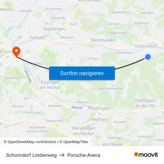 Schorndorf Lindenweg to Porsche-Arena map