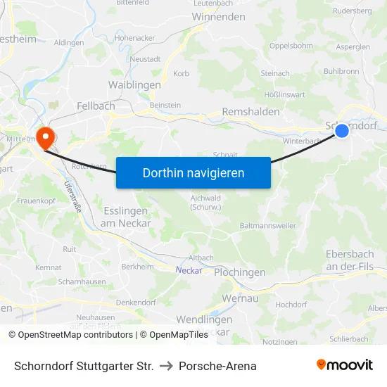 Schorndorf Stuttgarter Str. to Porsche-Arena map
