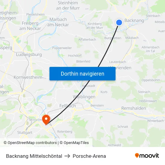 Backnang Mittelschöntal to Porsche-Arena map