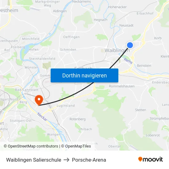 Waiblingen Salierschule to Porsche-Arena map
