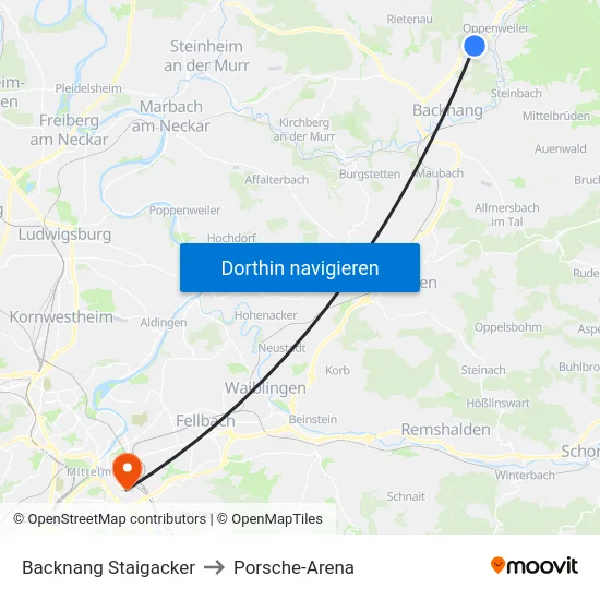 Backnang Staigacker to Porsche-Arena map