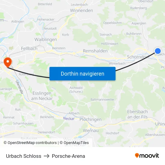 Urbach Schloss to Porsche-Arena map