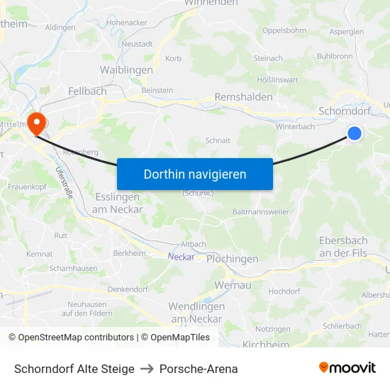 Schorndorf Alte Steige to Porsche-Arena map