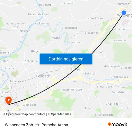 Winnenden Zob to Porsche-Arena map