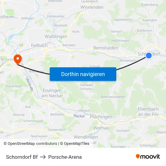 Schorndorf Bf to Porsche-Arena map