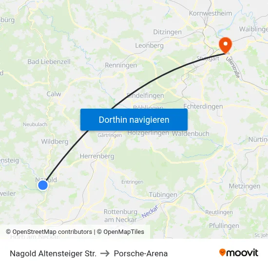 Nagold Altensteiger Str. to Porsche-Arena map