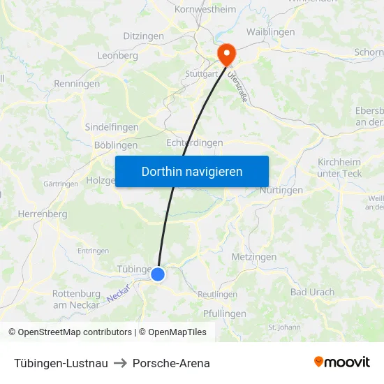 Tübingen-Lustnau to Porsche-Arena map