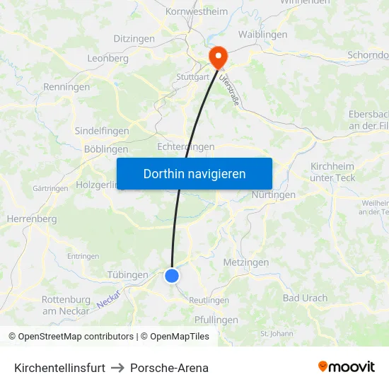 Kirchentellinsfurt to Porsche-Arena map