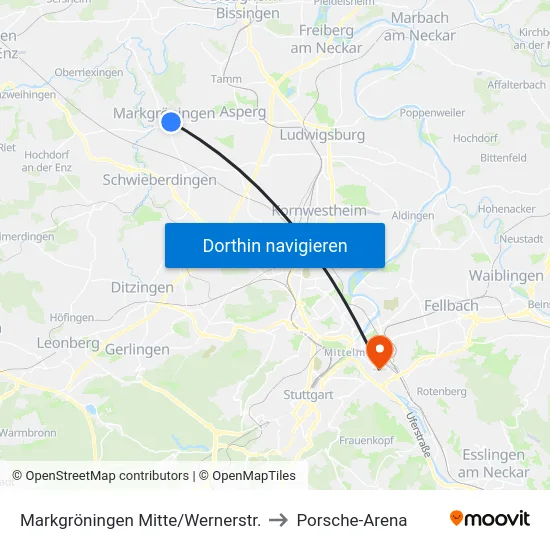 Markgröningen Mitte/Wernerstr. to Porsche-Arena map