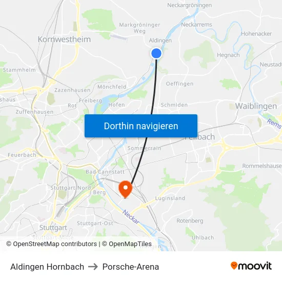 Aldingen Hornbach to Porsche-Arena map