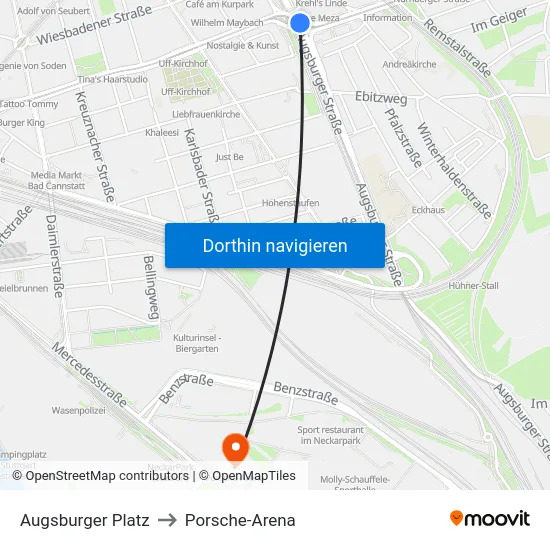Augsburger Platz to Porsche-Arena map
