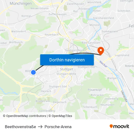 Beethovenstraße to Porsche-Arena map