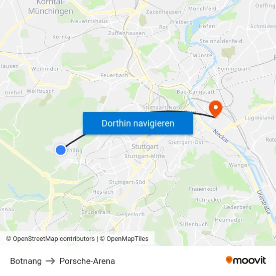 Botnang to Porsche-Arena map