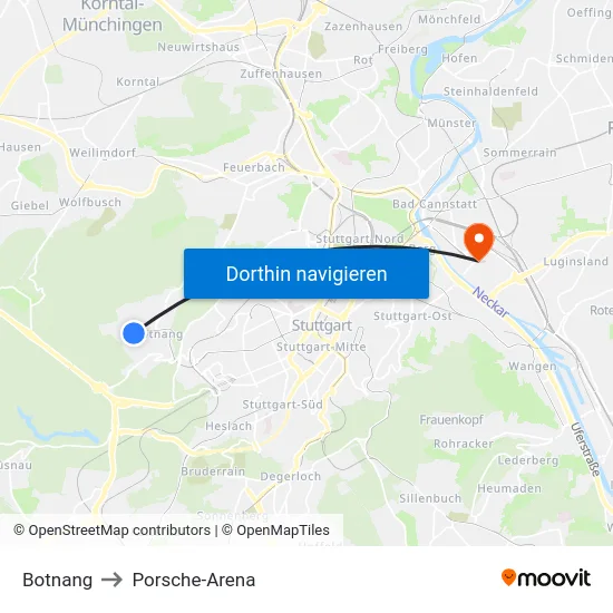 Botnang to Porsche-Arena map