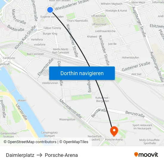 Daimlerplatz to Porsche-Arena map
