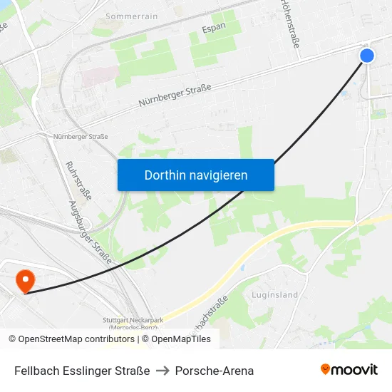 Fellbach Esslinger Straße to Porsche-Arena map