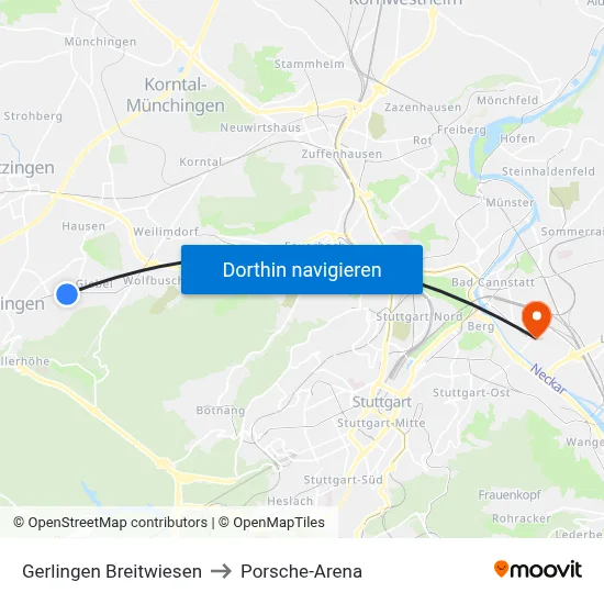 Gerlingen Breitwiesen to Porsche-Arena map