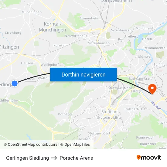 Gerlingen Siedlung to Porsche-Arena map