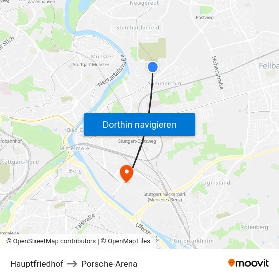 Hauptfriedhof to Porsche-Arena map