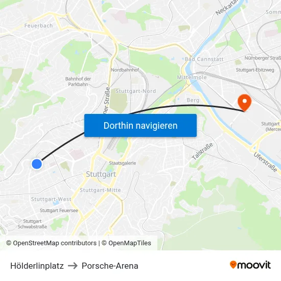 Hölderlinplatz to Porsche-Arena map