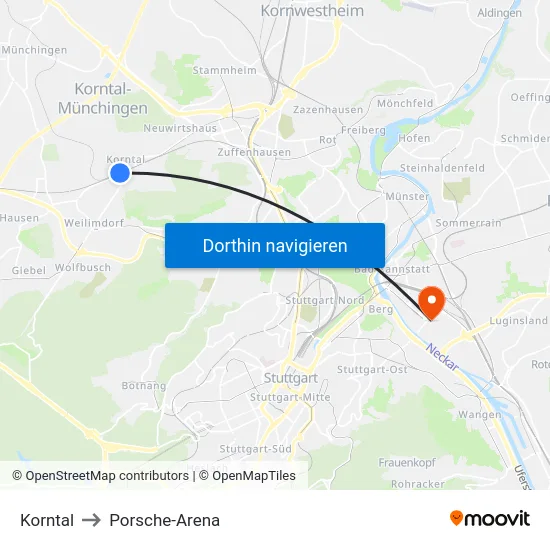 Korntal to Porsche-Arena map