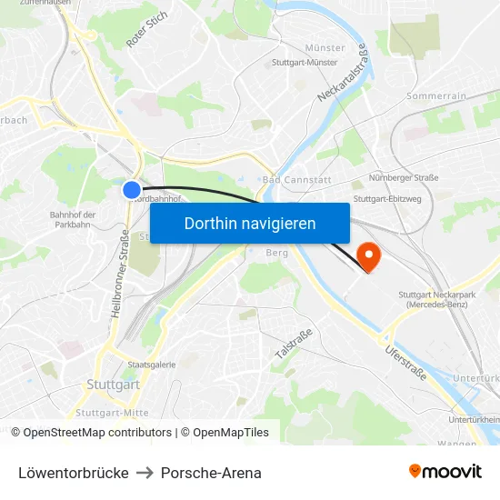 Löwentorbrücke to Porsche-Arena map