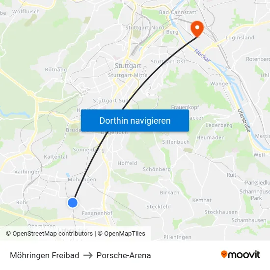 Möhringen Freibad to Porsche-Arena map