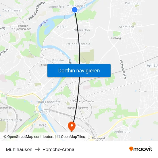 Mühlhausen to Porsche-Arena map