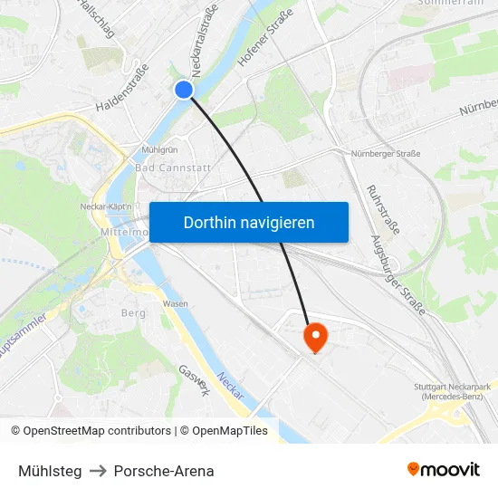 Mühlsteg to Porsche-Arena map