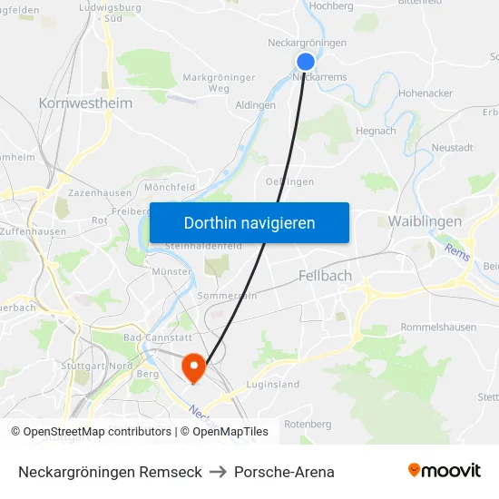Neckargröningen Remseck to Porsche-Arena map