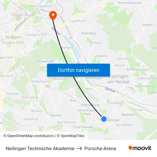 Nellingen Technische Akademie to Porsche-Arena map