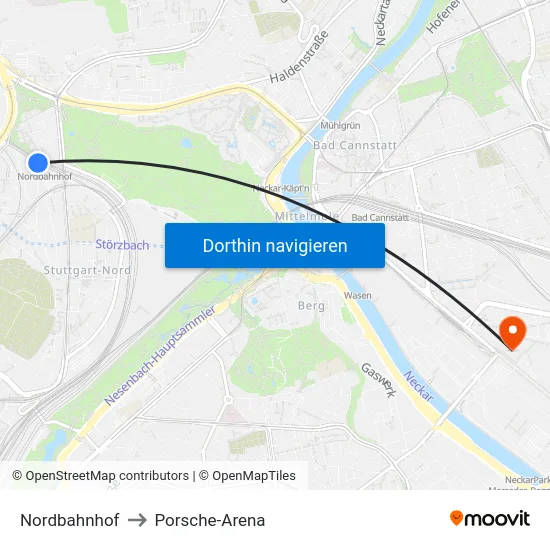 Nordbahnhof to Porsche-Arena map