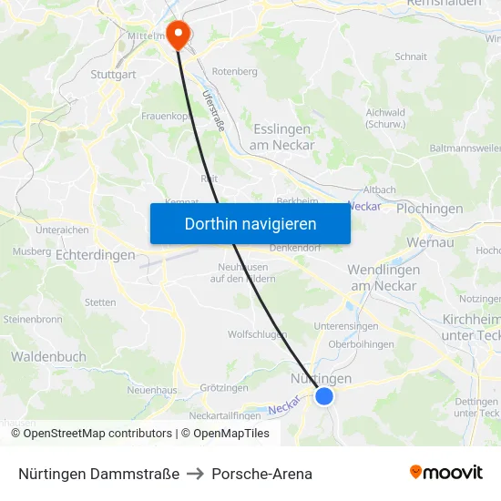 Nürtingen Dammstraße to Porsche-Arena map