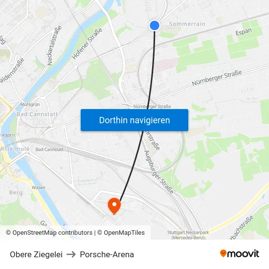 Obere Ziegelei to Porsche-Arena map
