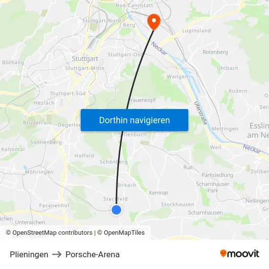 Plieningen to Porsche-Arena map